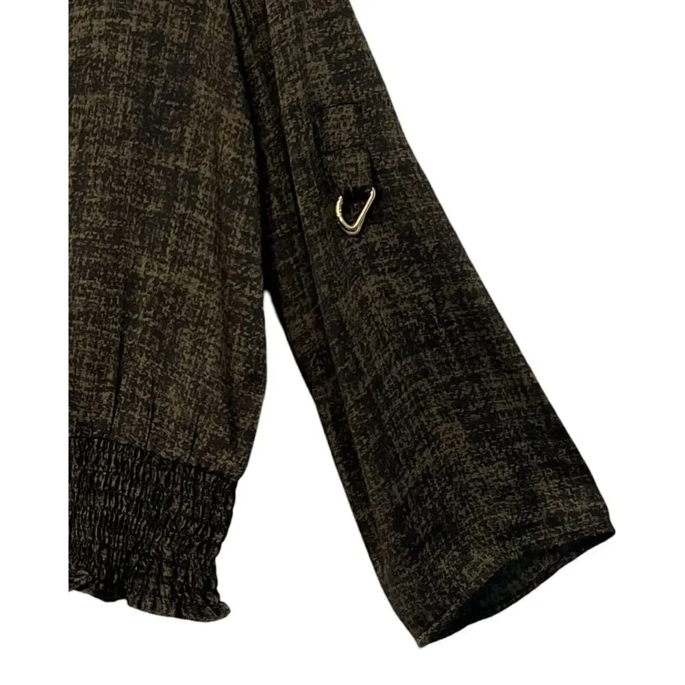 Michael Kors Top Womens Size M Olive Green Black Long Sleeve Satin Elastic Hem